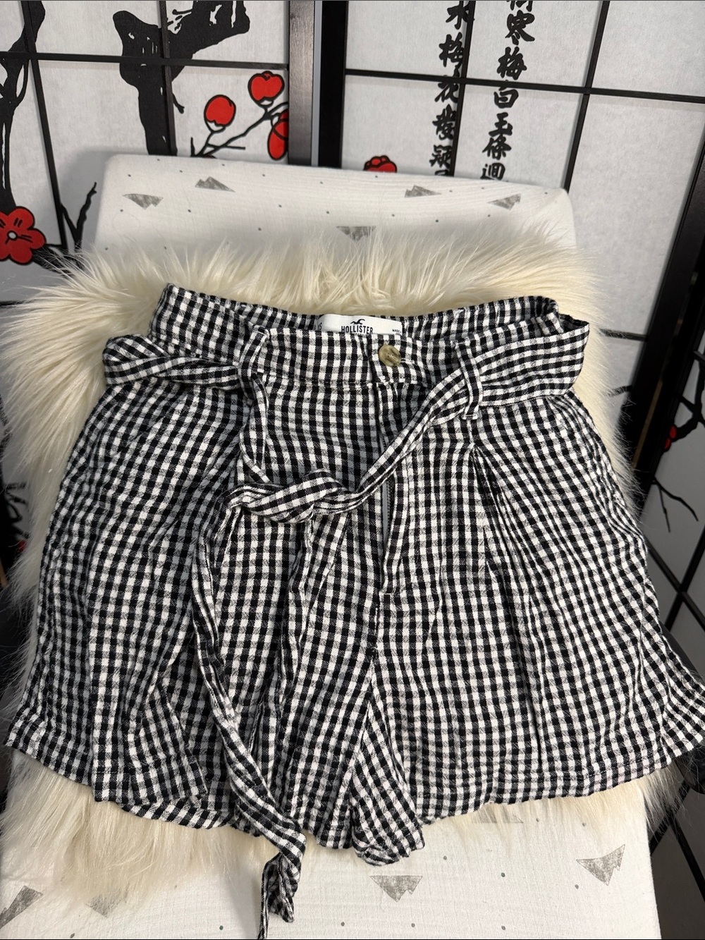 Hollister Black and White Gingham Paperbag Waist Shorts